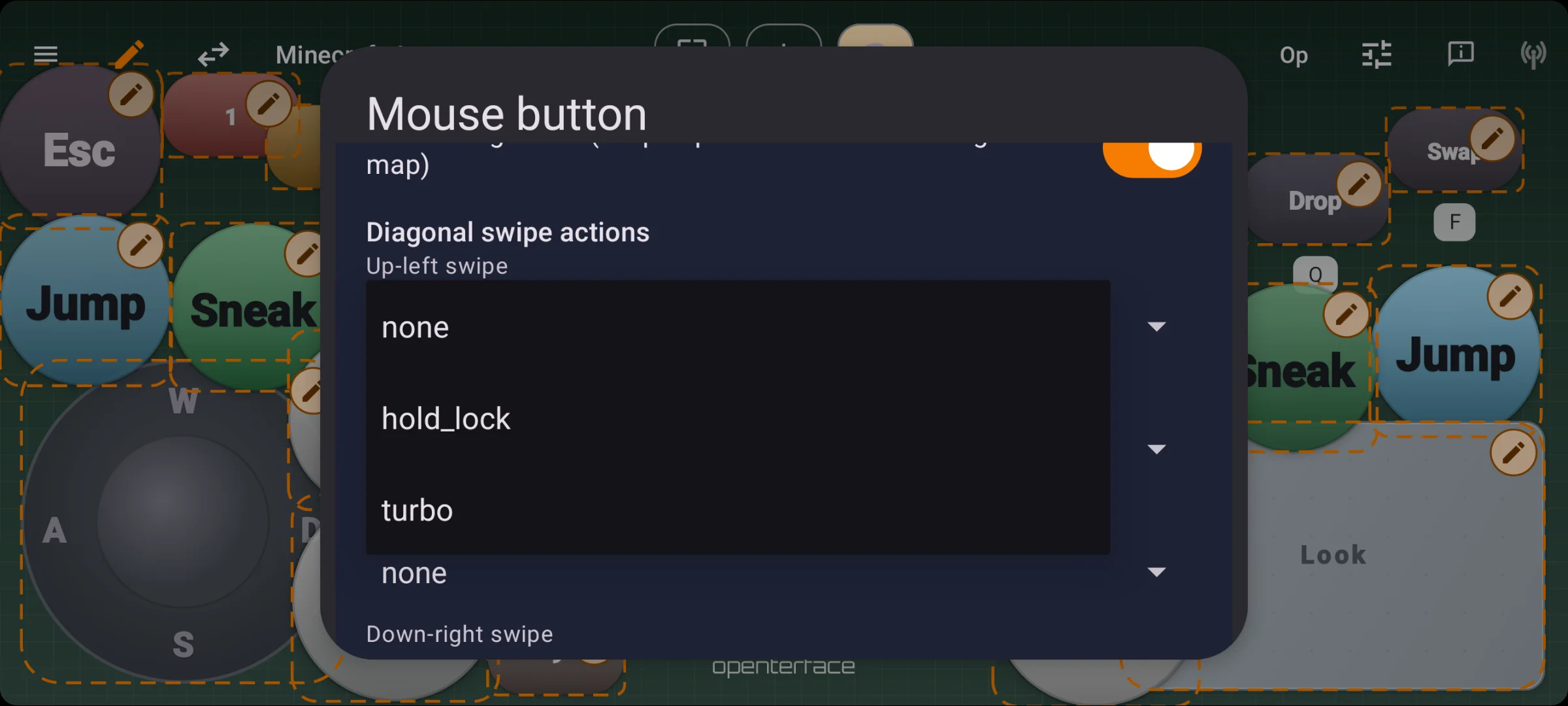 Diagonal swipe actions: hold lock and turbo per direction on mouse buttons