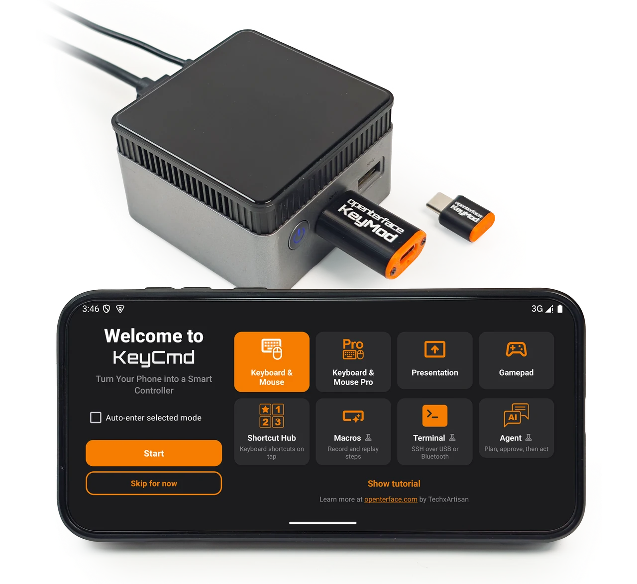 KeyMod dongle on a mini PC with KeyCmd welcome screen on phone